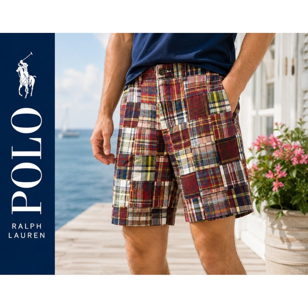 Polo Ralph Lauren Patchwork Madras Shorts Mens 38 Multi Plaid Preppy Cotton 9in